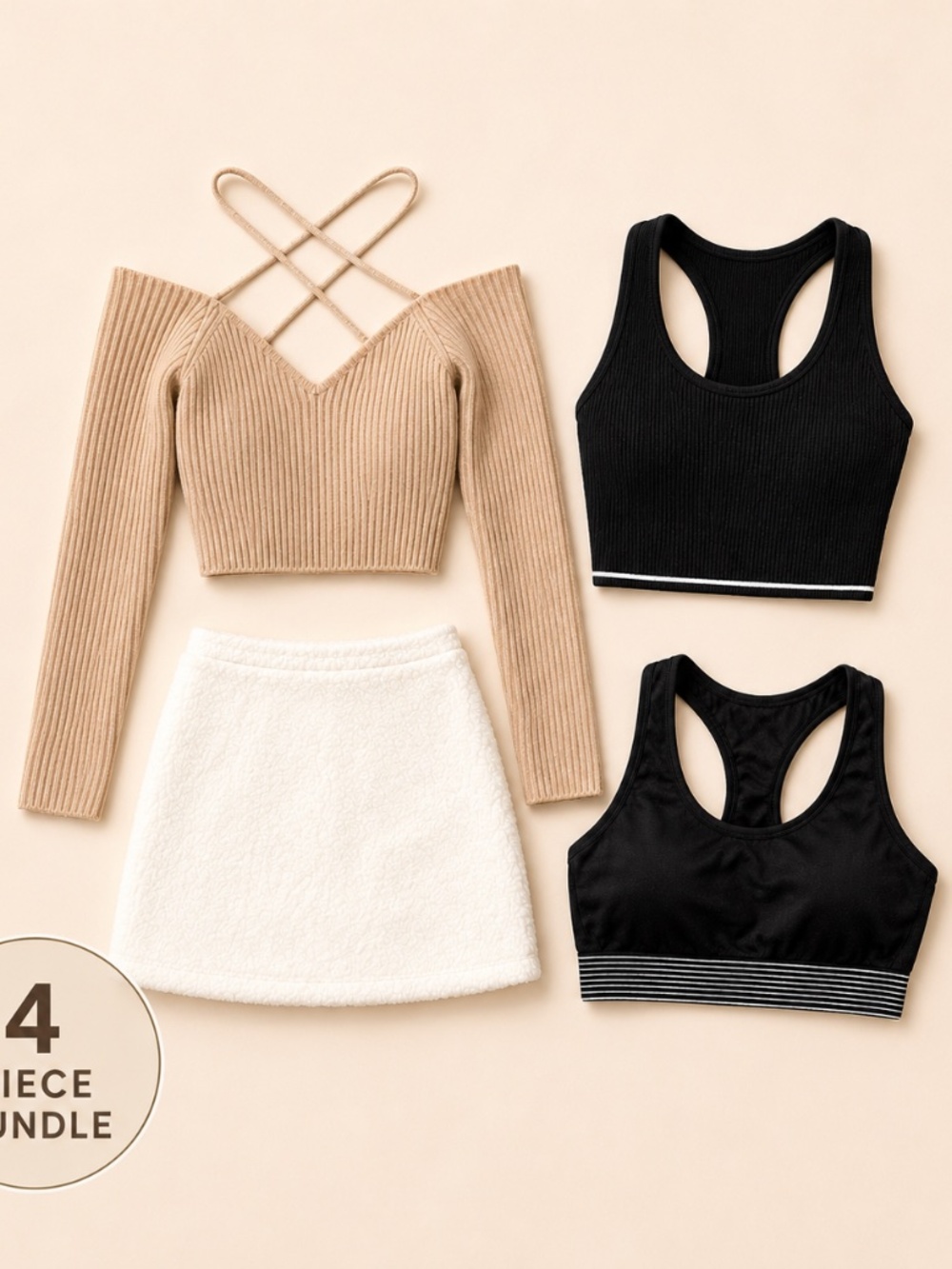 Women’s XS/S Clothing Bundle – 4 Pieces Crop Tops, Skirt & Sports Bra